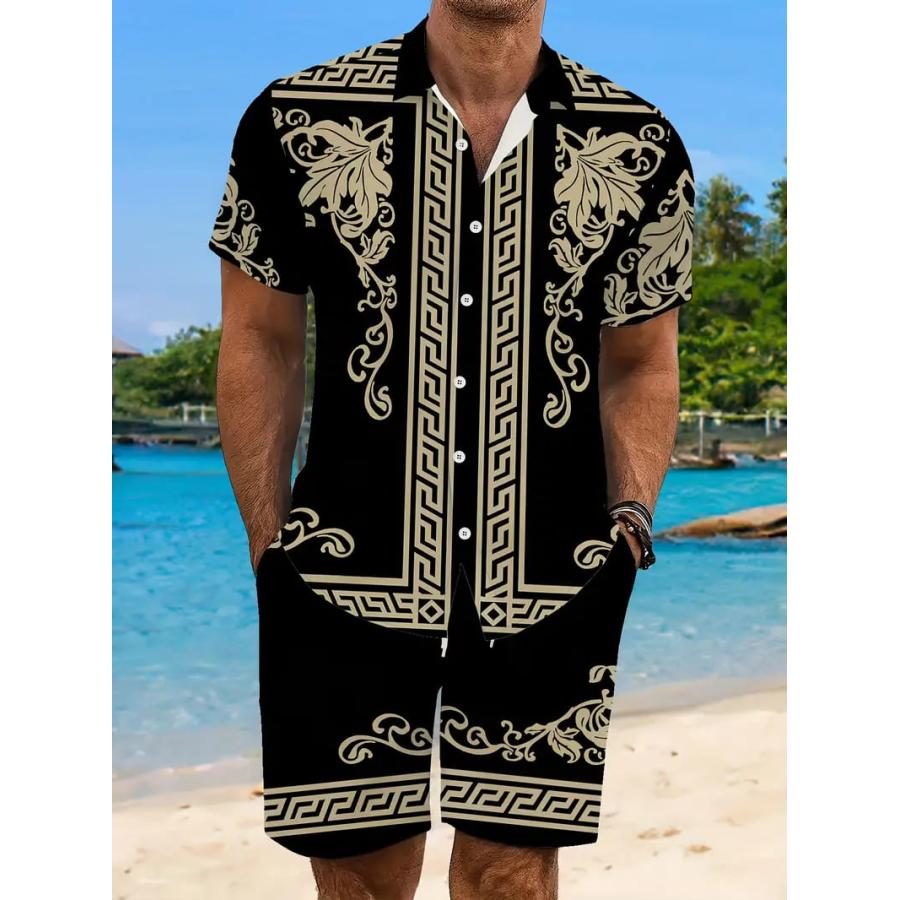 バロック×グレカ柄 半袖シャツセットアップ ハーフパンツ 上下 061 黒
