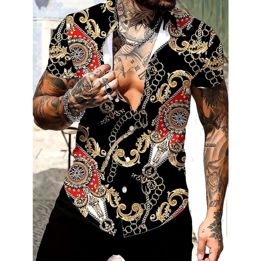 バロック柄 ミックスカラー 半袖シャツ 035 柄シャツ 開襟シャツ