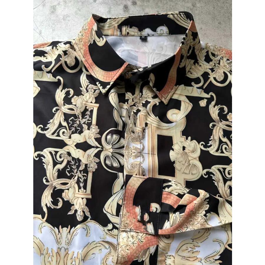 バロック柄 長袖シャツ 黒白 039 柄シャツ Yシャツ ドレスシャツ
