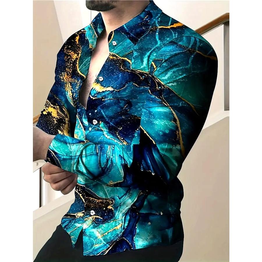 アクアブルー 総柄 長袖シャツ 043 柄シャツ Yシャツ ドレスシャツ