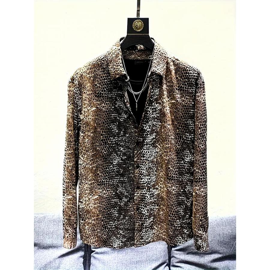 茶蛇柄 長袖シャツ 048 柄シャツ Yシャツ ドレスシャツ パイソン 総柄 