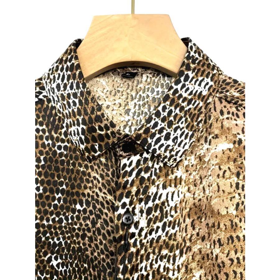 茶蛇柄 長袖シャツ 048 柄シャツ Yシャツ ドレスシャツ パイソン 総柄 