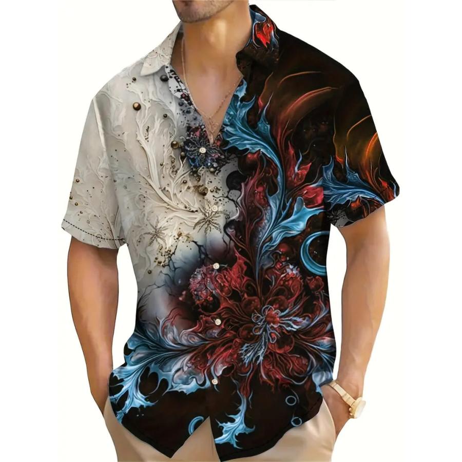 夏物 ド派手 花モチーフ プリント 半袖シャツ ブルー×レッド 086 柄