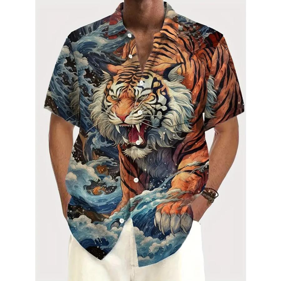 夏物 ド派手 波×虎柄プリント 半袖シャツ 090 アロハシャツ 柄シャツ