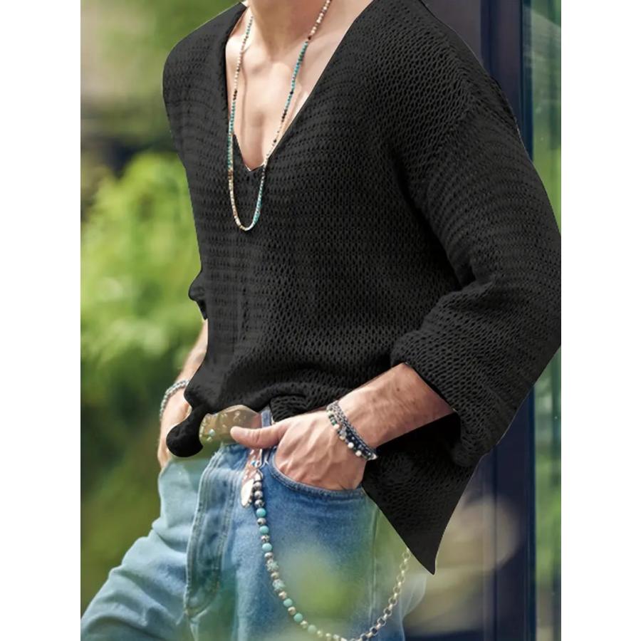 薄手 ニット調 Vネックシャツ 長袖 099 黒 無地 シンプル ヤクザ