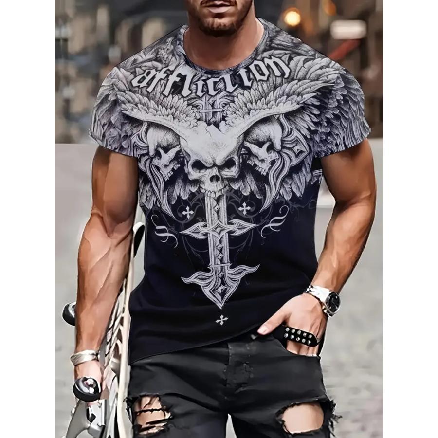 ド派手 スカルクロス柄 プリント 半袖Tシャツ 104 黒 柄シャツ
