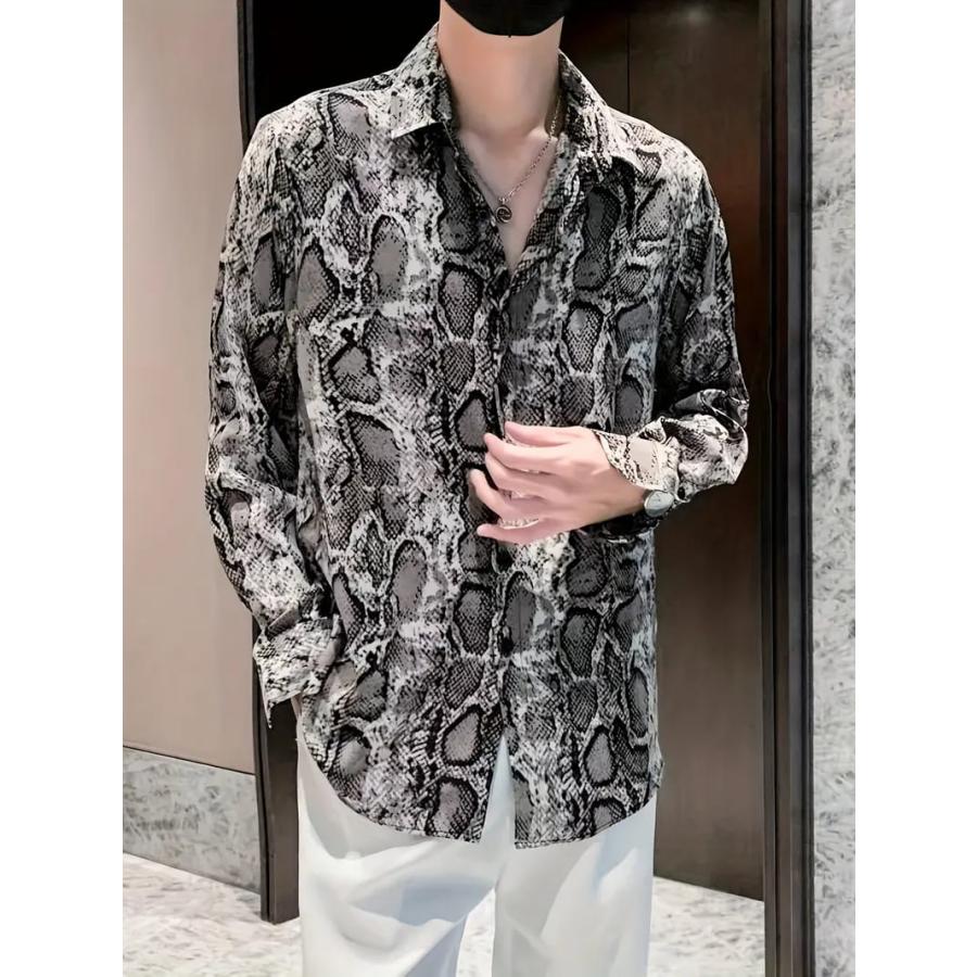 パイソン柄長袖シャツ グレー 110 蛇柄 ドレスシャツ Yシャツ 柄シャツ