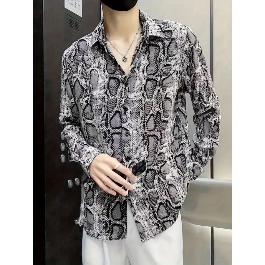 パイソン柄長袖シャツ グレー 110 蛇柄 ドレスシャツ Yシャツ 柄シャツ