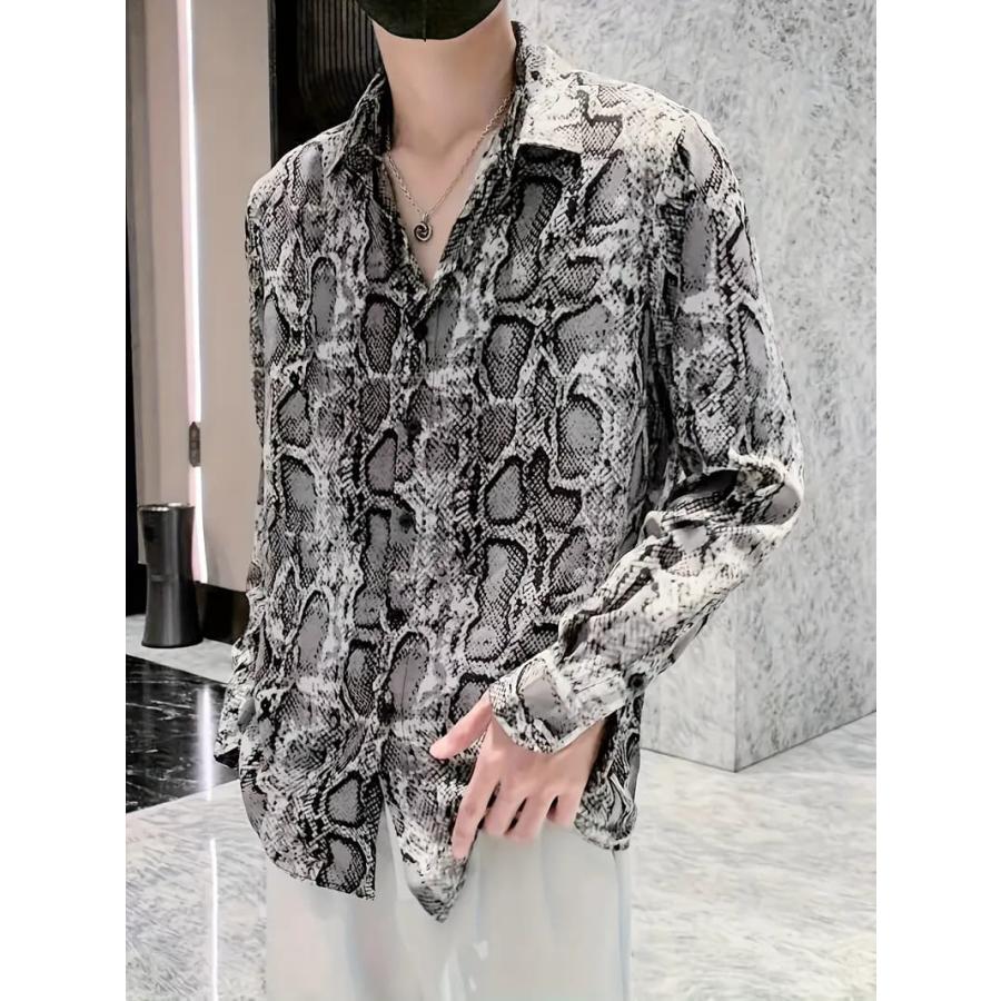パイソン柄長袖シャツ グレー 110 蛇柄 ドレスシャツ Yシャツ 柄シャツ