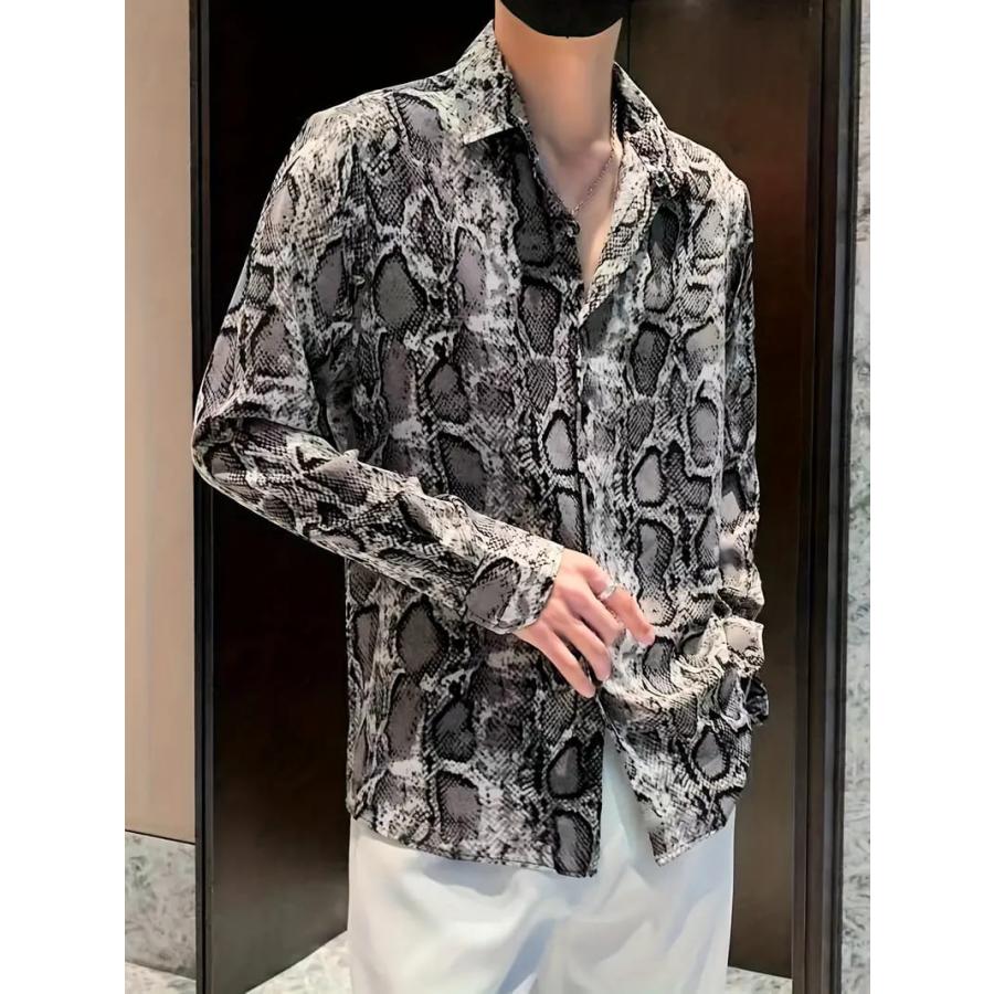 パイソン柄長袖シャツ グレー 110 蛇柄 ドレスシャツ Yシャツ 柄シャツ