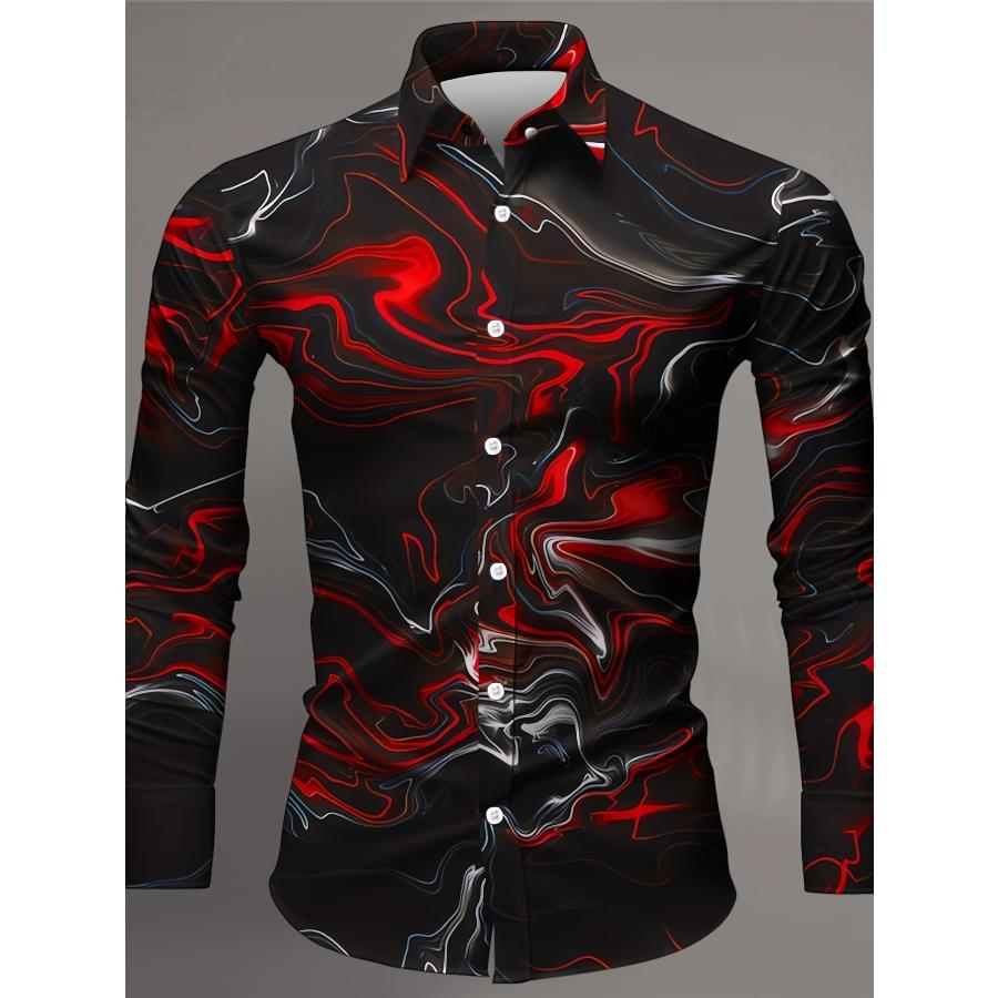マーブル柄 長袖シャツ 167 赤×黒 ドレスシャツ Yシャツ 柄シャツ