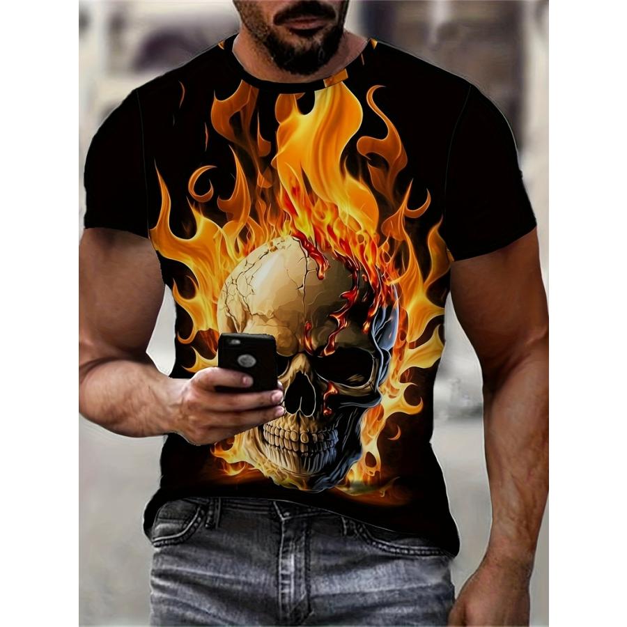 ド派手 炎スカル柄 半袖Tシャツ 208 黒赤 ストリート ダンス HIPHOP B