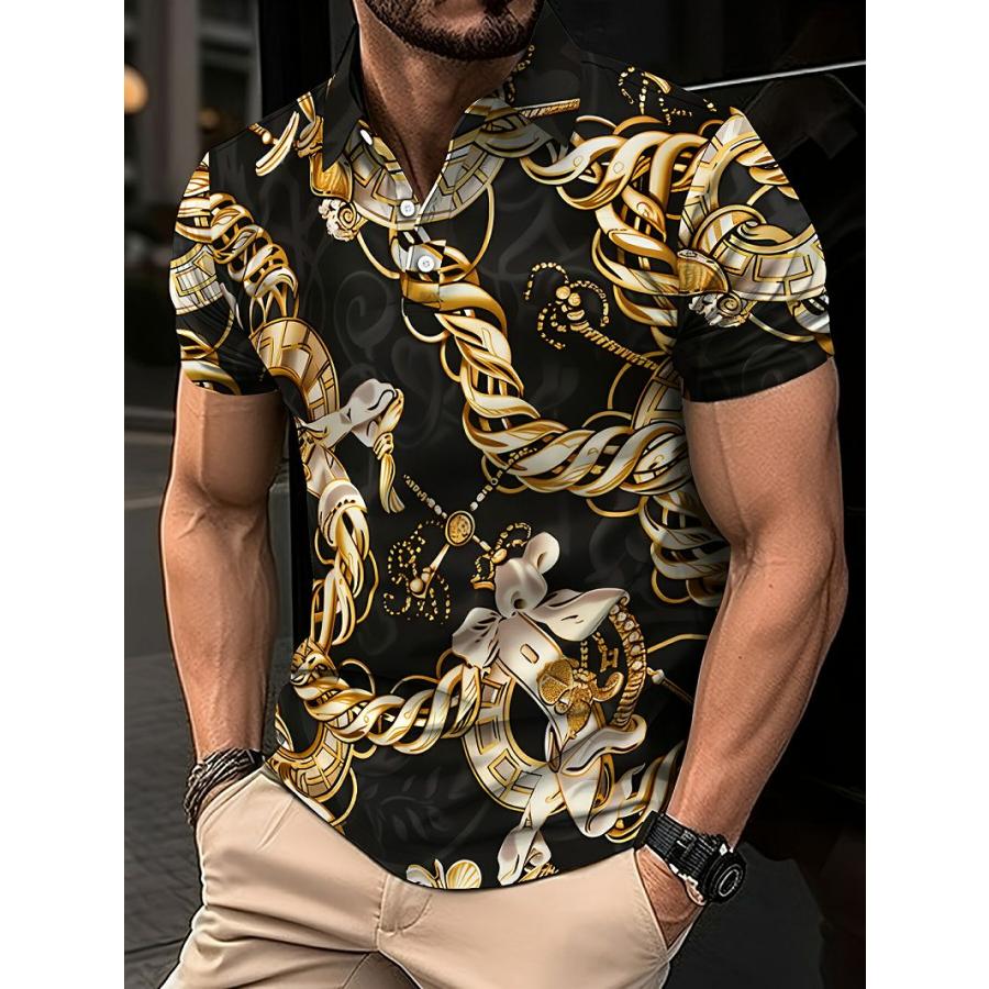 ド派手 バロック×チェーン総柄 半袖ポロシャツ 221 黒 柄シャツ 