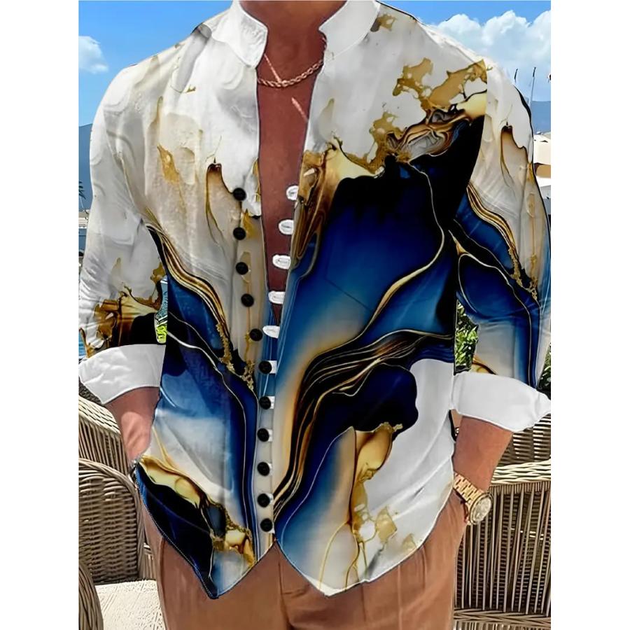 マーブル柄 長袖 マオカラーシャツ 239 白×青 ドレスシャツ Yシャツ