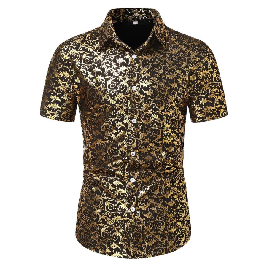 金箔 フローラル 総柄 半袖シャツ 255 黒金 柄シャツ 派手 ストリート