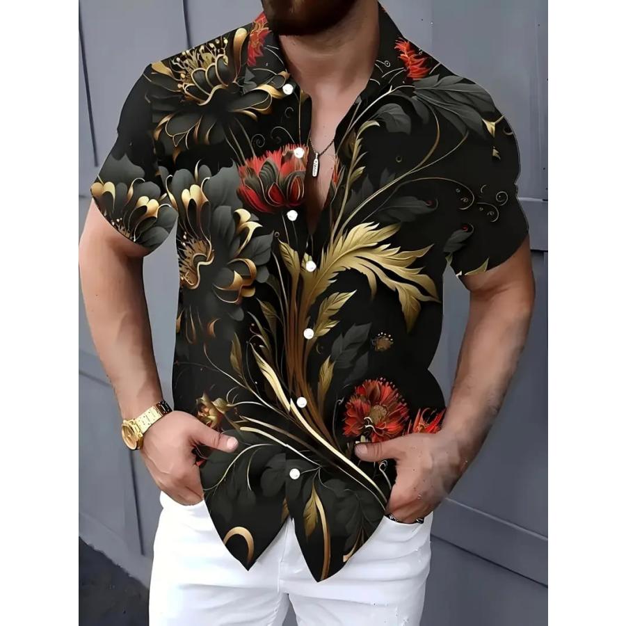 バロック柄 花柄プリント 半袖シャツ アロハシャツ 314 黒 柄シャツ