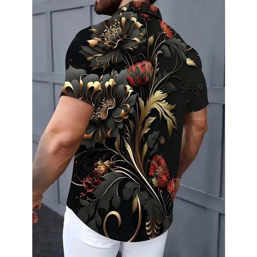 バロック柄 花柄プリント 半袖シャツ アロハシャツ 314 黒 柄シャツ