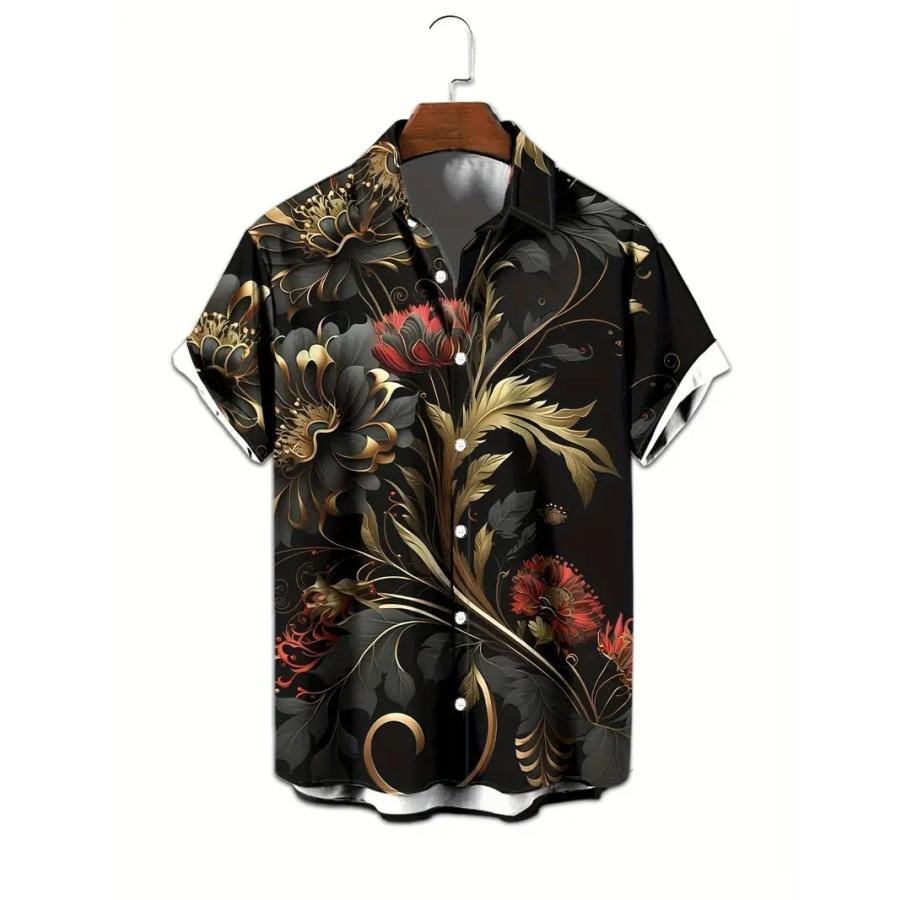 バロック柄 花柄プリント 半袖シャツ アロハシャツ 314 黒 柄シャツ