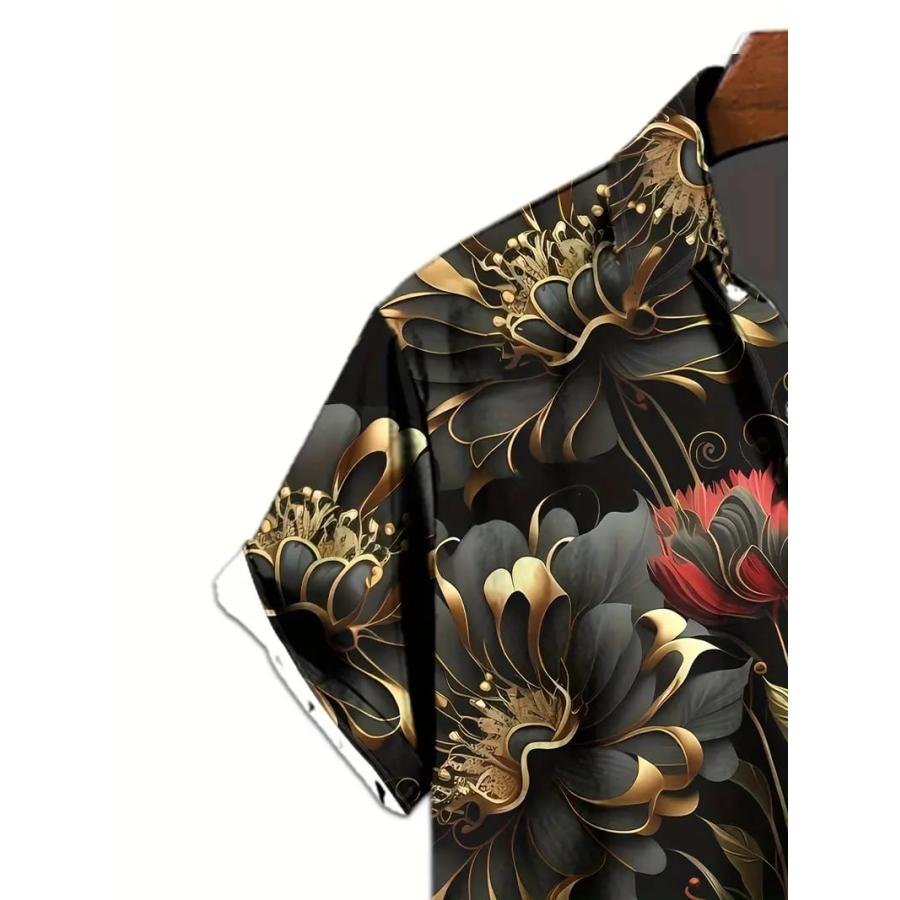 バロック柄 花柄プリント 半袖シャツ アロハシャツ 314 黒 柄シャツ
