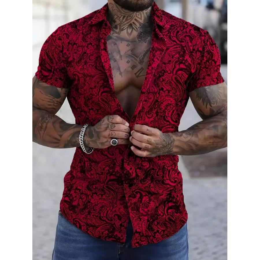 ペイズリー総柄プリント 半袖シャツ アロハシャツ 318 黒 赤 ヤクザ