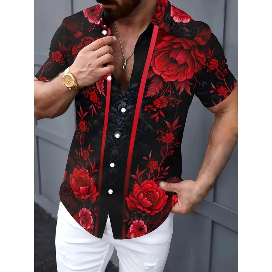 薔薇柄 半袖シャツ アロハシャツ 331 黒×赤 ヤクザ ヤンキー オラオラ