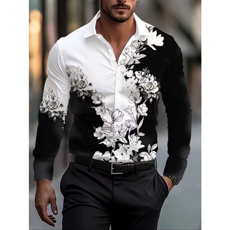 花柄 プリント 長袖シャツ 351 白黒 ドレスシャツ Yシャツ 派手 柄