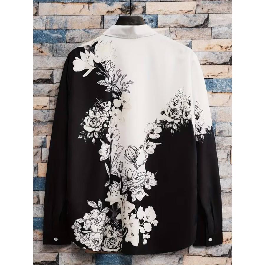 【極美品】CHONO 長袖シャツ 総柄 フラワー ホワイト ブラック 花柄 プリント 長袖シャツ 351 白黒 ドレスシャツ Yシャツ 派手 柄