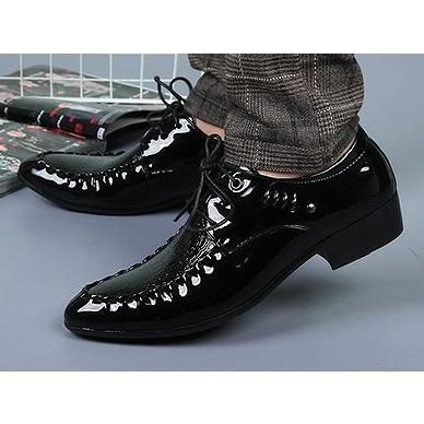 クロコ柄 レースアップ ドレスシューズ ブラック 革靴 トンガリ