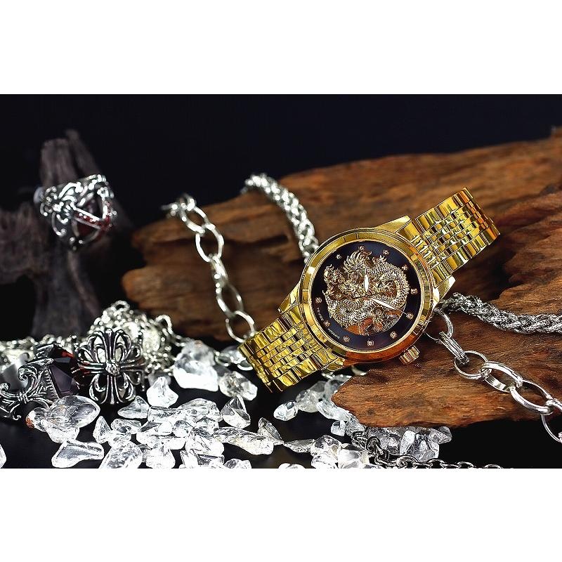 012 金×黒 龍神柄 機械式 自動巻き 腕時計 メンズ ファッション 紳士