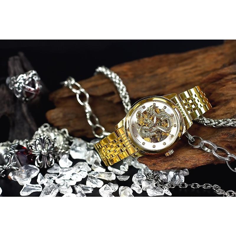 012 金×銀 龍神柄 機械式 自動巻き 腕時計 メンズ ファッション 紳士