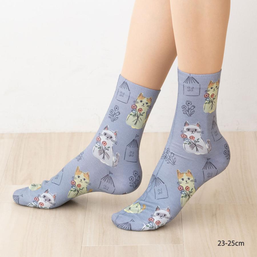 プリントソックス 花束ネコ柄 クルー丈 23-25cm レディース 靴下