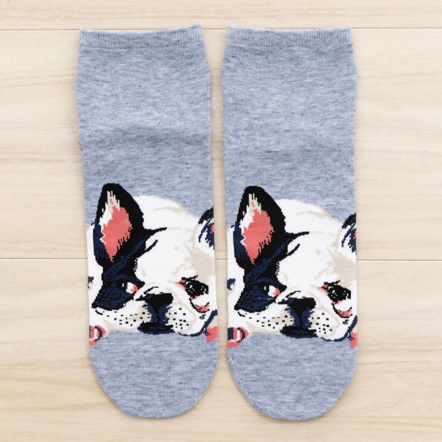 フレンチブルドッグ 犬柄 ロークルー丈ソックス 23-25cm グレー