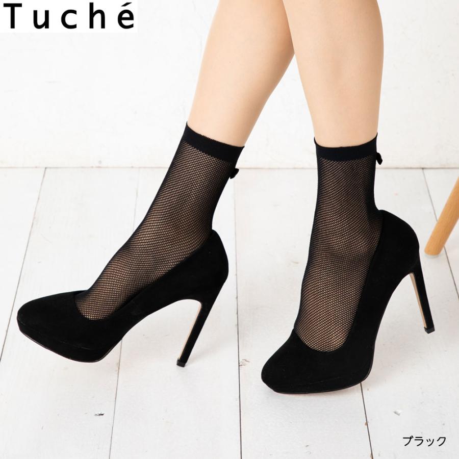 Tuche リボンフィッシュネット クルーソックス (黒他全4色)(22-25cm  