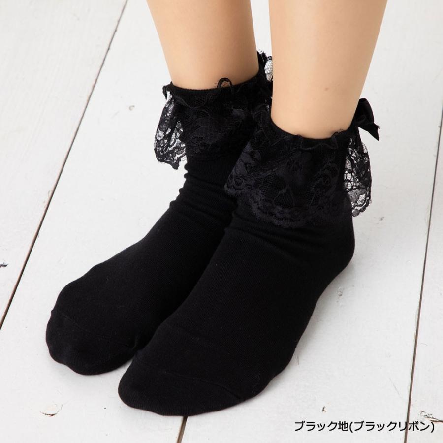 後ろリボンつき 履き口レース ロークルーソックス (23-25cm) 靴下