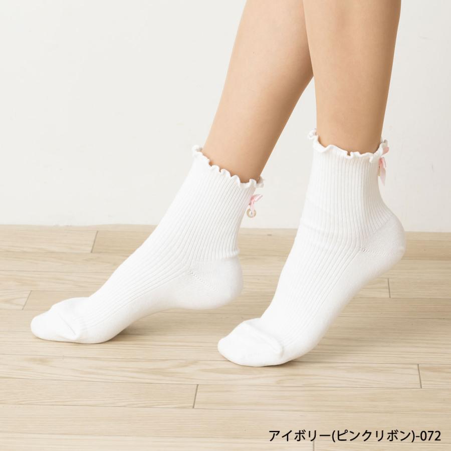後ろパールリボン付き メローリブ クルーソックス (23-25cm)(ブラック