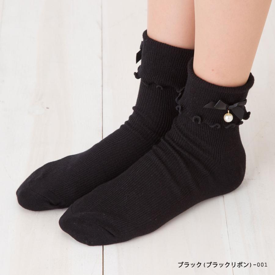 Point Me パールリボン付き折返しメローリブクルーソックス 23-25cm 白