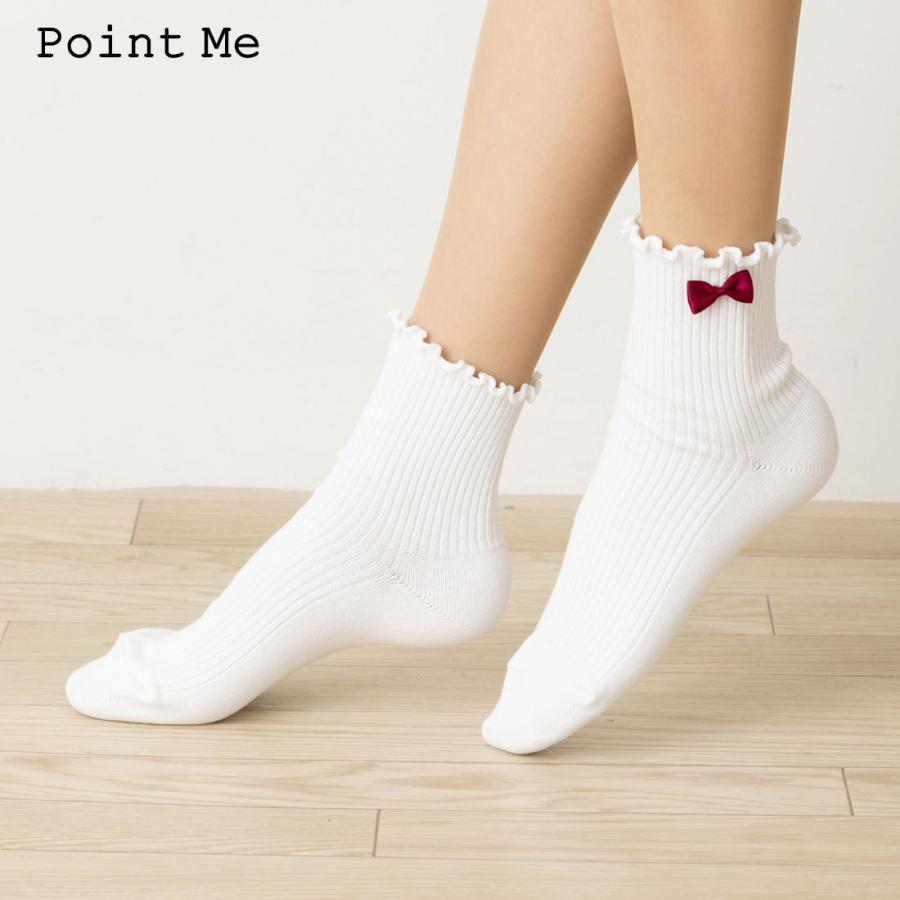 Point Me リボンワンポイント メローリブ クルーソックス 白 黒 全8色