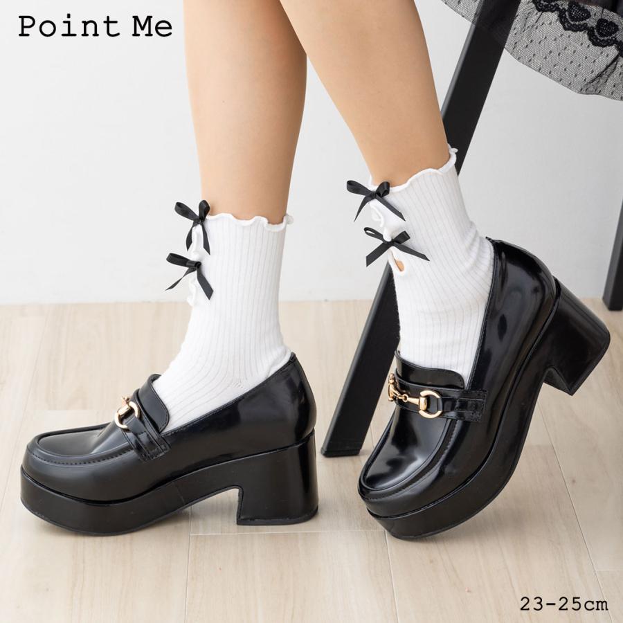 Point Me 前穴開き ダブルリボン クルーソックス 白 黒 23-25cm