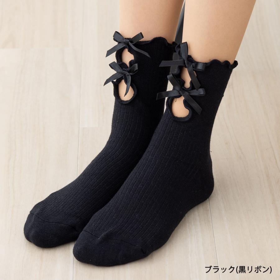 Point Me 前穴開き ダブルリボン クルーソックス 白 黒 23-25cm