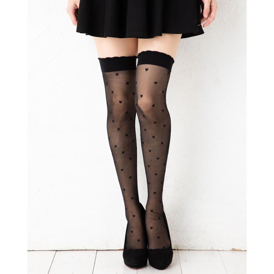 ガーターストッキング ハート総柄 黒 ブラック 太もも丈 23-25cm 日本