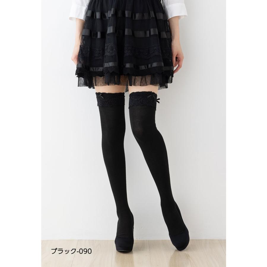 レース 2連リボン付き オーバーニーソックス 黒・白 23-25cm