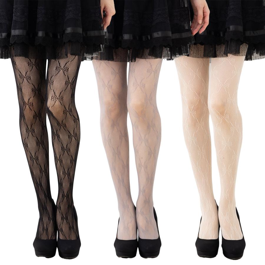 リボン柄 レースタイツ M-L 白・黒・グレー レディース ラッセル 網