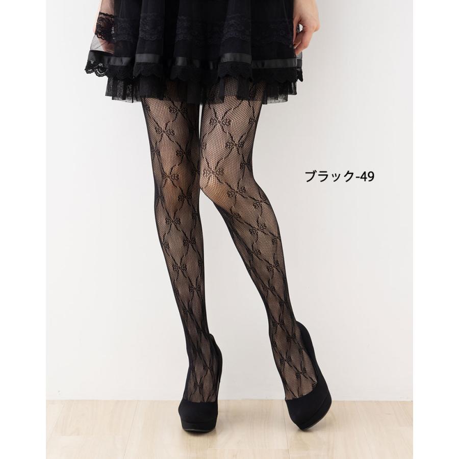 リボン柄 レースタイツ M-L 白・黒・グレー レディース ラッセル