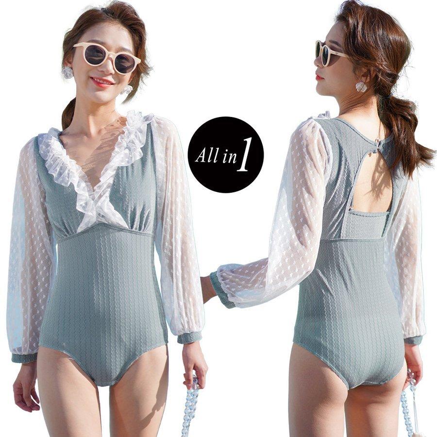 レディースファッション 色移り有り 水着 レディース ワンピース 体型カバー 露出控えめ オトナ女子 長袖 シースルー ハート柄 レース Vネック R4ivkj8gu6 Www Ludlowbar Com Au