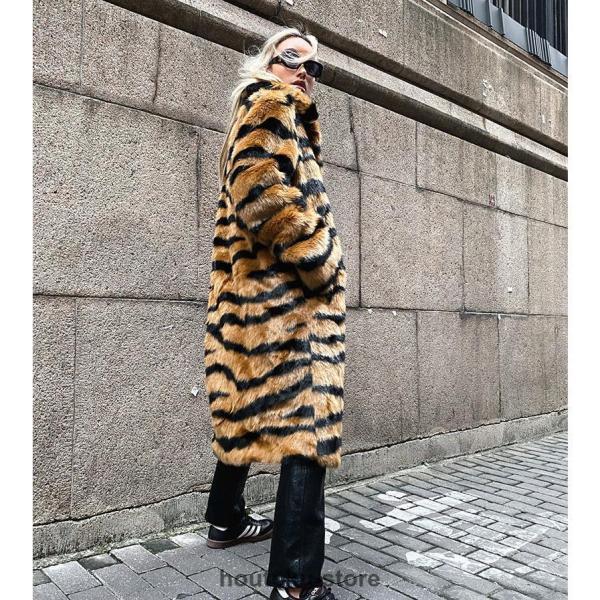 ファーコート ロングコートフェイク 虎柄フェイクフォックス ベルト