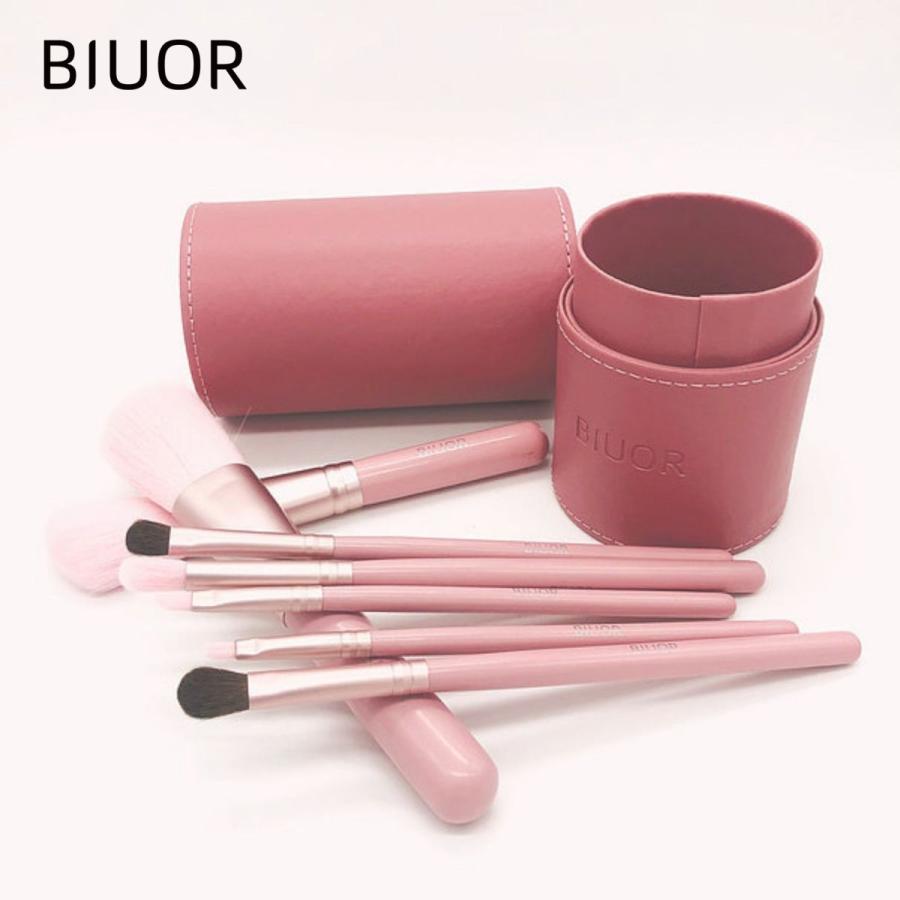 BIUOR 7本ピンク色メイクブラシセット 円型メイクブラシ立て付 化粧