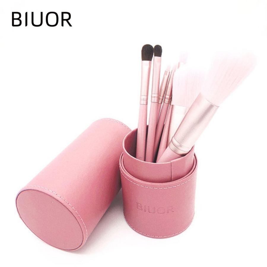 BIUOR 7本ピンク色メイクブラシセット 円型メイクブラシ立て付 化粧