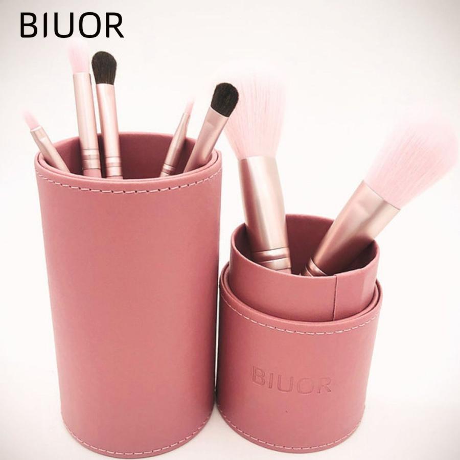 BIUOR 7本ピンク色メイクブラシセット 円型メイクブラシ立て付 化粧