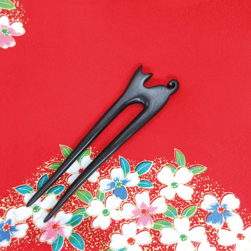 ボニャール 簪 黒い猫 木製簪棒 簪パーツ ｜ カンザシ 1本簪 レジン