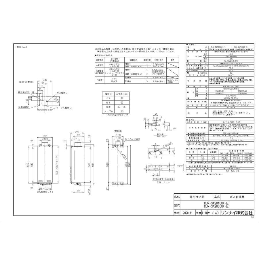 リンナイ（Rinnai） 【RUX-SA2016U】 給湯専用 20号 PS扉内上方排気型